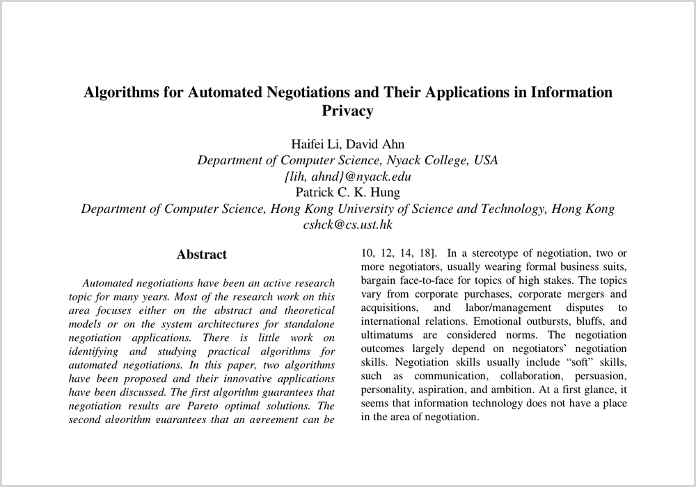 First-page preview for Algorithms for Automated Negotiations and Their Applications in Information Privacy