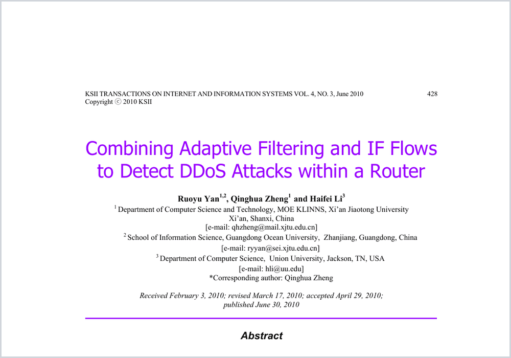 First-page preview for Combining Adaptive Filtering and IF Flows to Detect DDoS Attacks within a Router