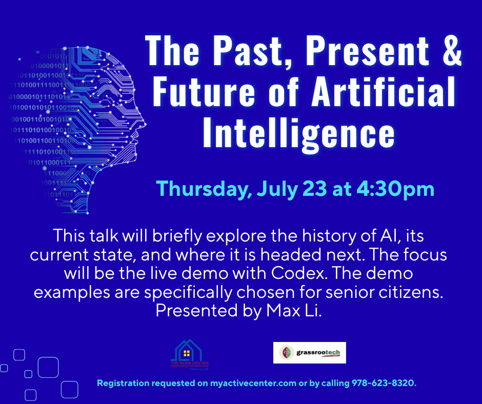 Event flyer for The Past, Present & Future of Artificial Intelligence at the Andover Senior Center